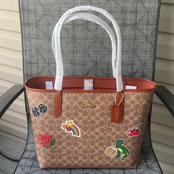 Coach City Tote Bag Purse In Signature Canvas With Sticker Print Rexy - Picture 3 of 10